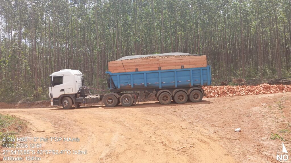 Na data de hoje (17/01/2026), em Santa Rita do Ibitipoca, foi constatado pela Polícia Militar de Meio Ambiente transporte de material lenhoso da espécie exótica eucaliptos sp.